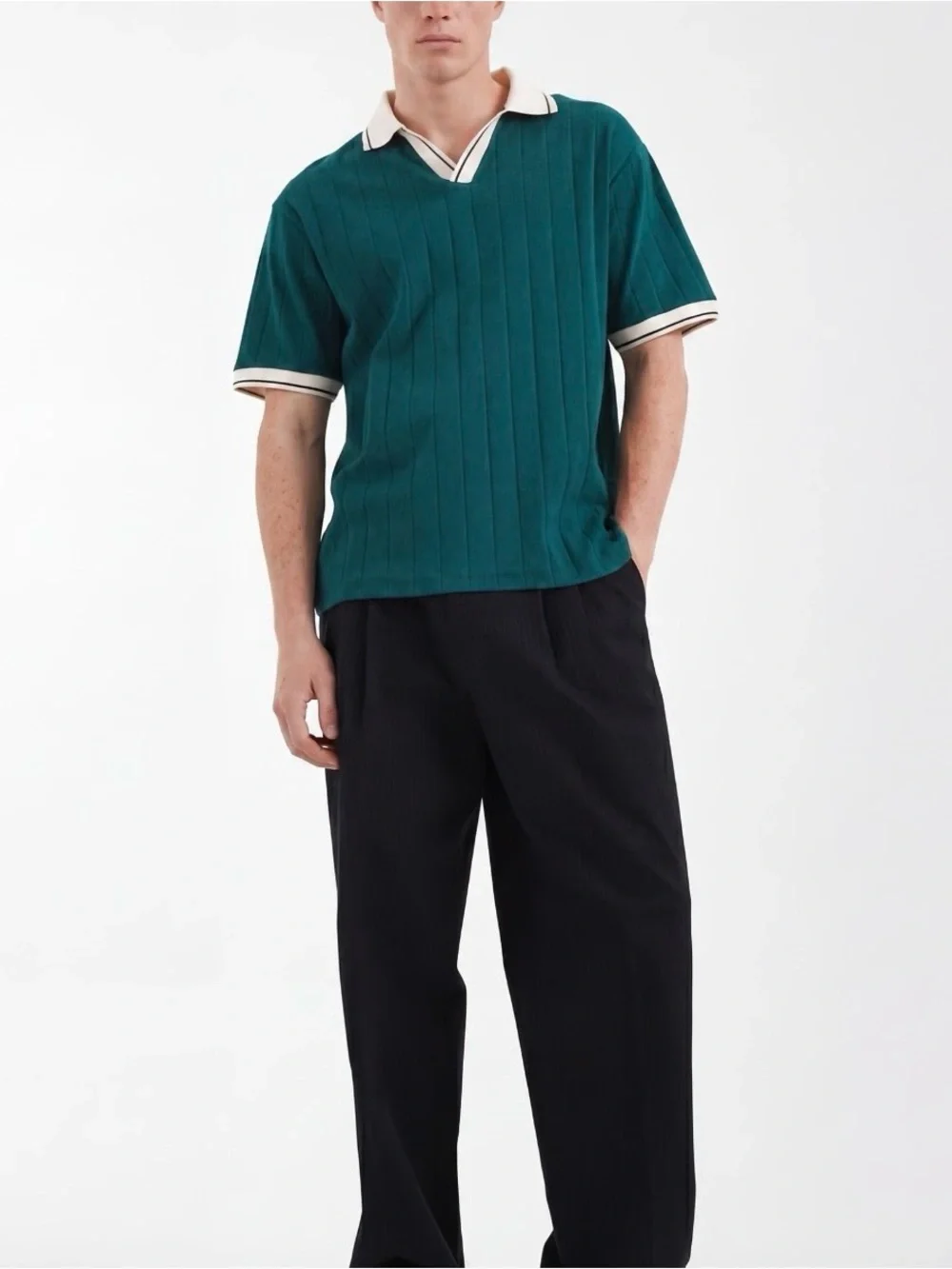 ASOS Teal Polo Short Sleeve Sweater with White Contrast Trim - Size M